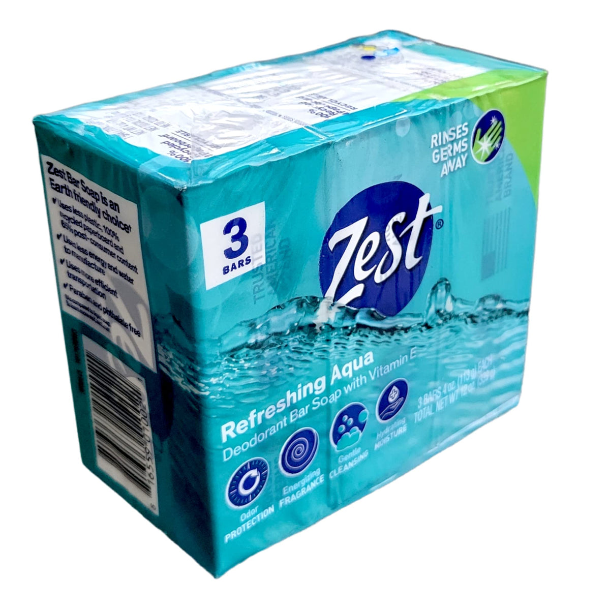 Zest front packaging showing three 4 oz bars and easy-grip freshness