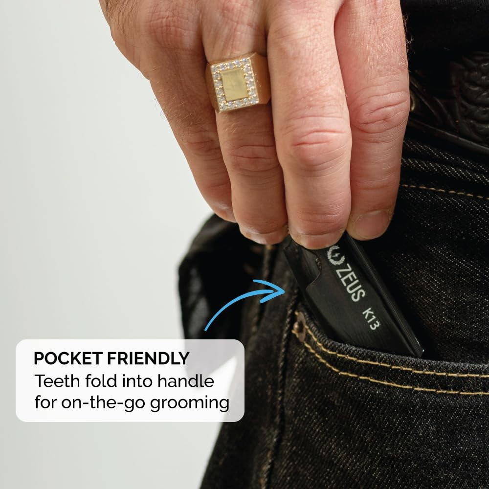 ZEUS comb folded in pocket scale illustrates portable size and travel convenience