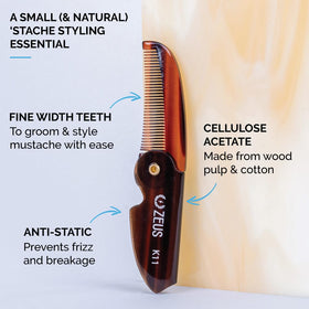 ZEUS folding mustache comb open displays fine teeth for precise grooming