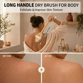 Zeutch brush in use on back with handle demonstrating extended reach