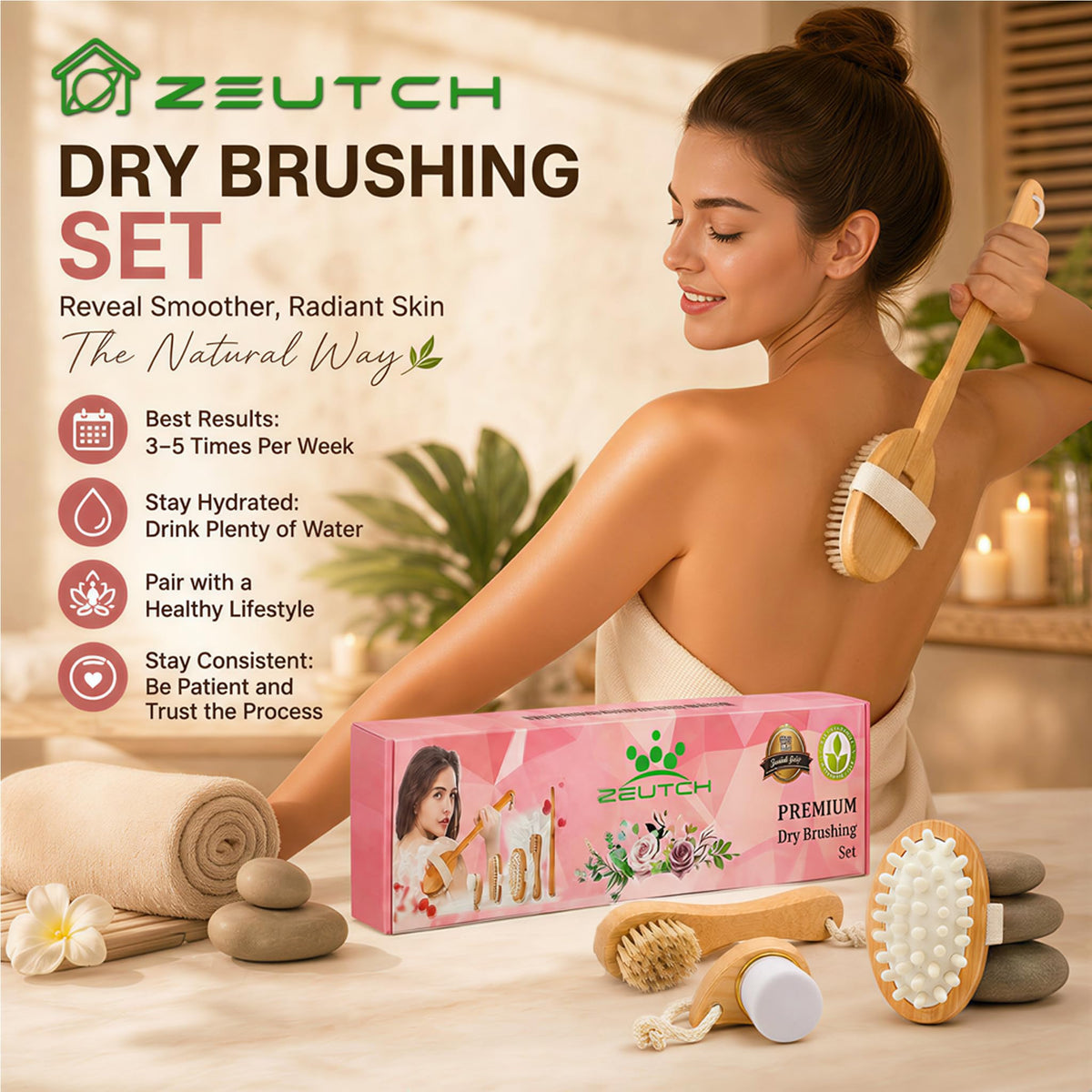 Zeutch brushes hanging to dry in bathroom for proper care and longevity