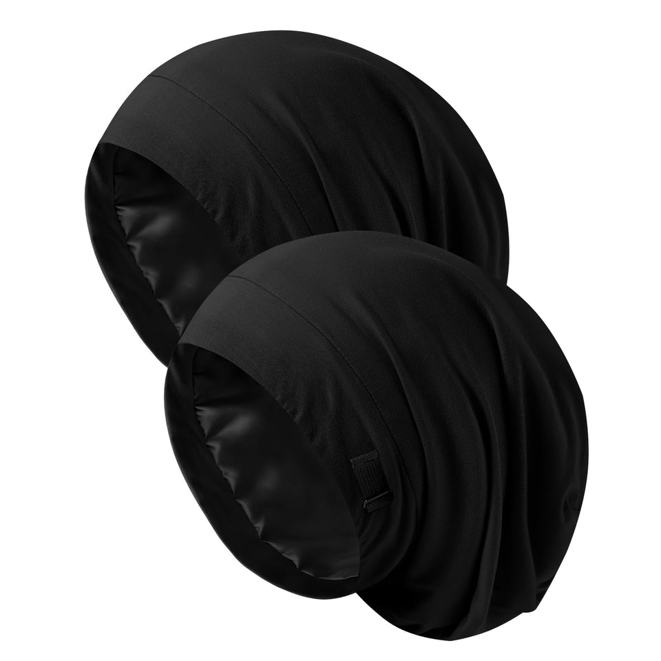 ZHENSILK front view of black bonnet showing sleek fit and protection
