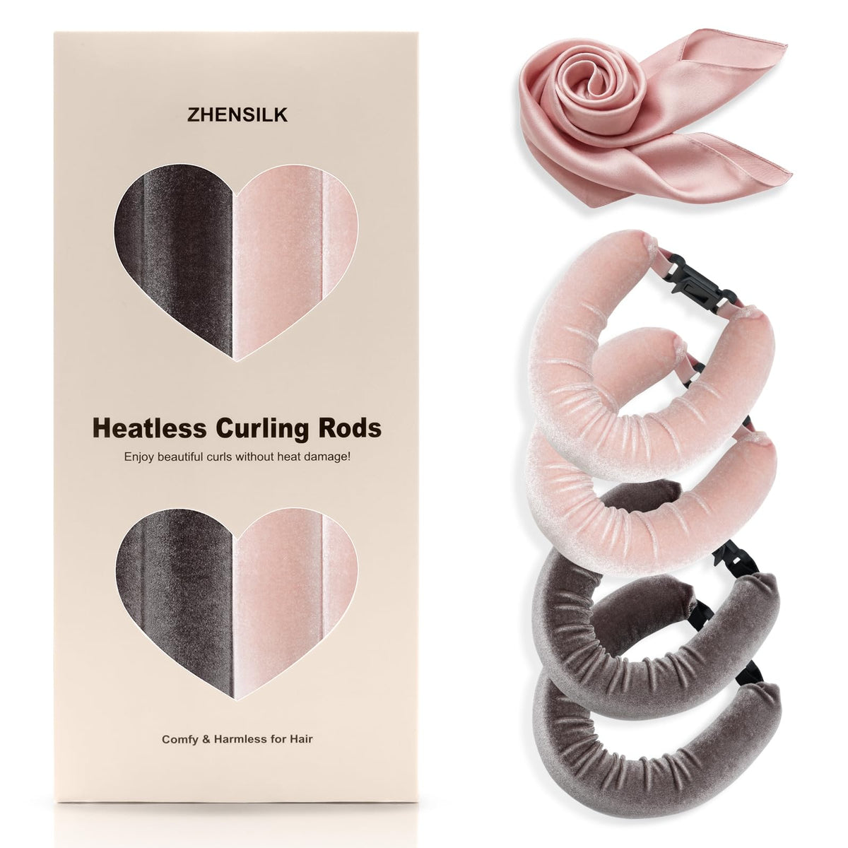 ZHENSILK front packaging showing four velvet curl rods and box, presents benefit of ready-to-gift convenience