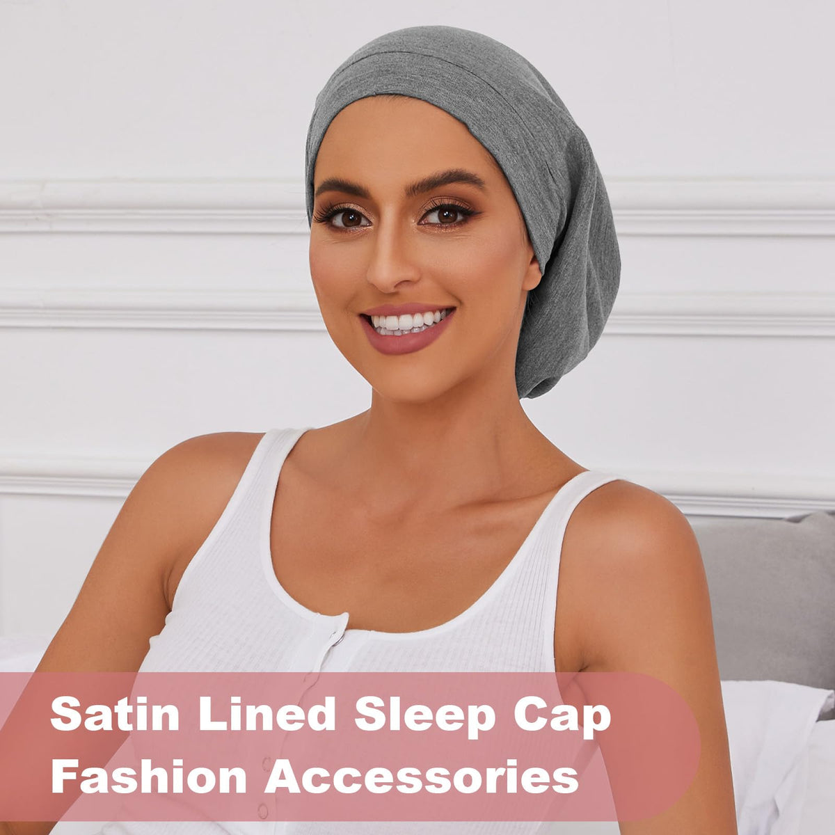 ZHENSILK model wearing bonnet while sleeping to protect hair overnight