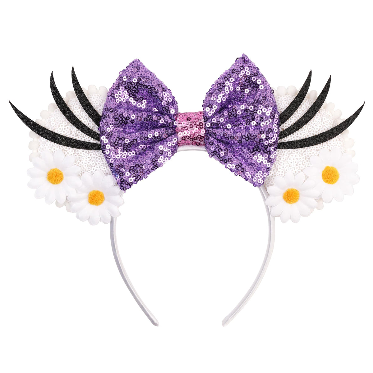 zhezesmila front view daisy sequin ears headband showing playful style