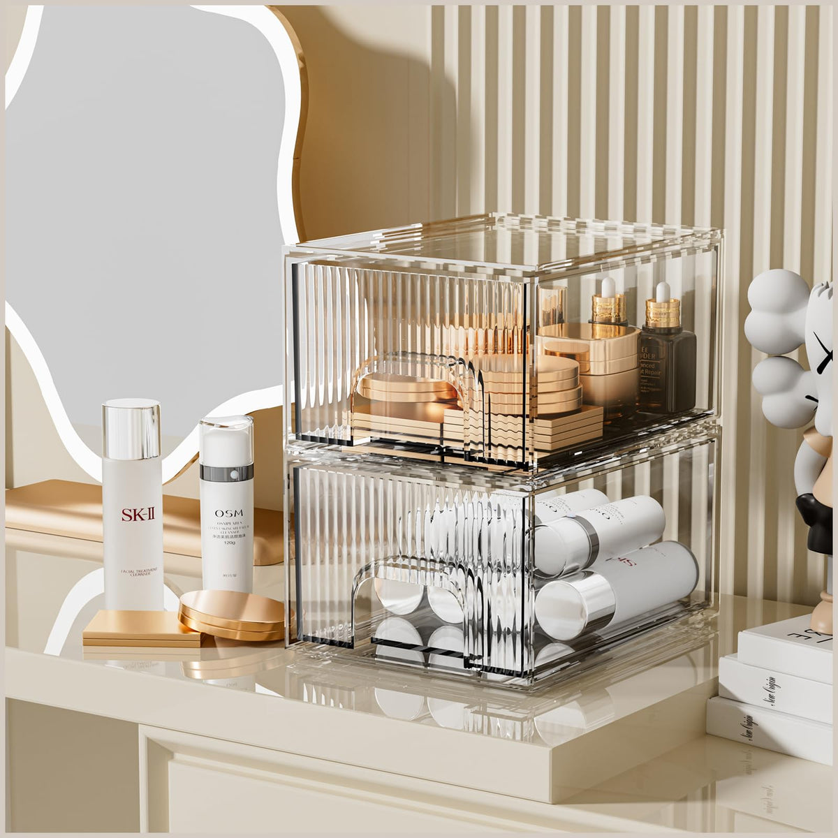 ZHIAI front view of clear stackable drawers showing organized cosmetics and accessibility