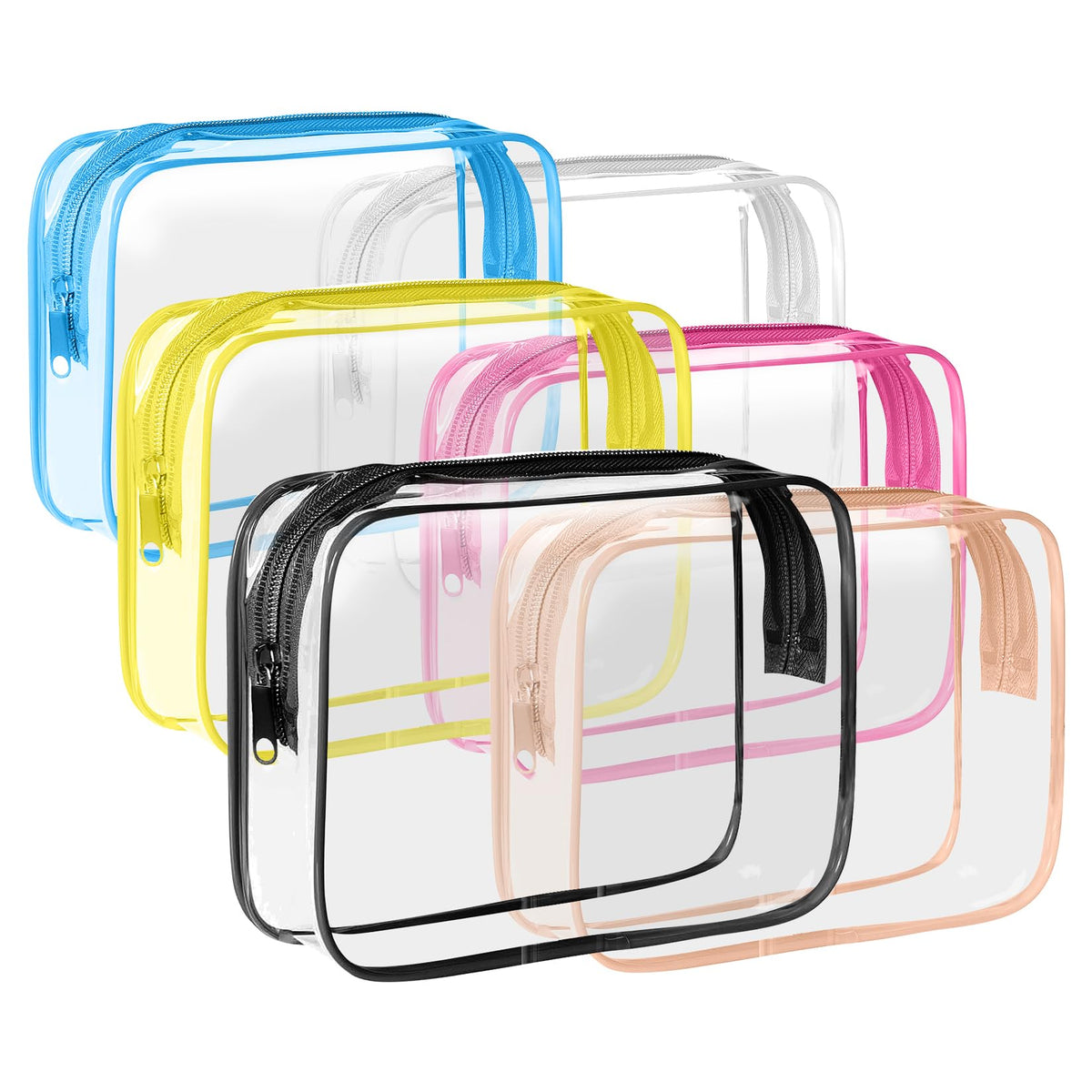 ZHOOGE front view of six clear toiletry bags showing organized travel-ready set and ease
