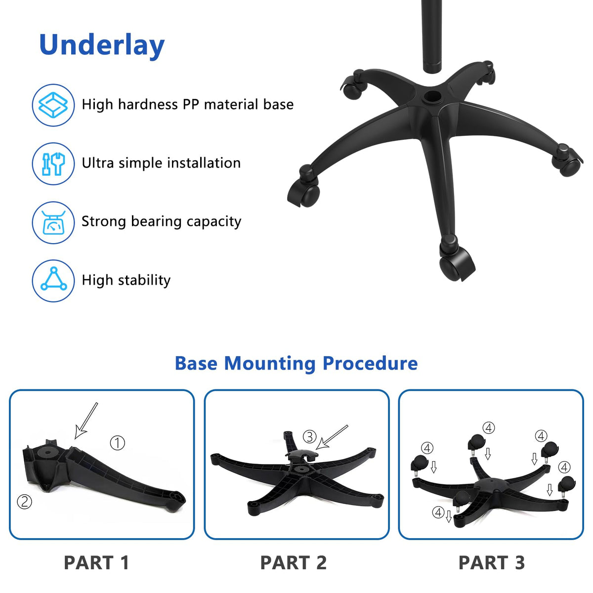 ZHOOGE five swivel casters and PP five-star base for smooth mobility and stability