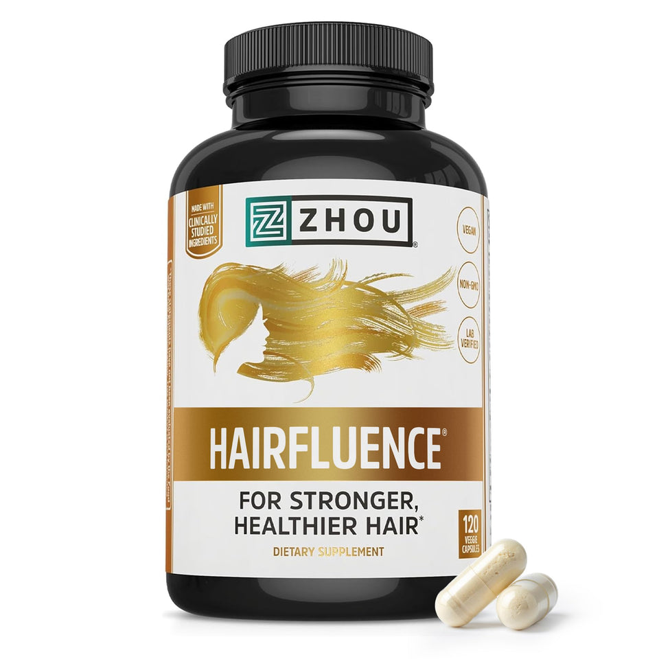 ZHOU Hairfluence front packaging showing bottle and capsule count for quick identification and benefit