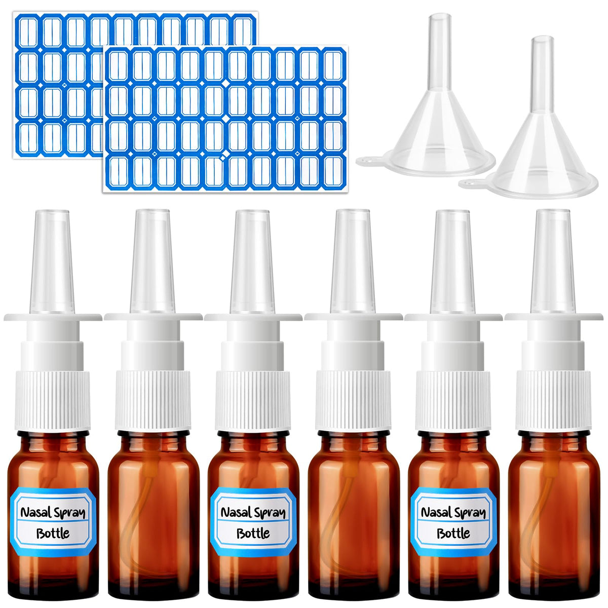 ZHWKMYP front view of six amber nasal spray bottles showing compact kit