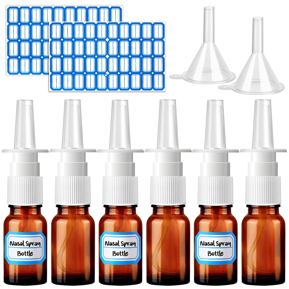 ZHWKMYP front view of six amber nasal spray bottles showing compact kit