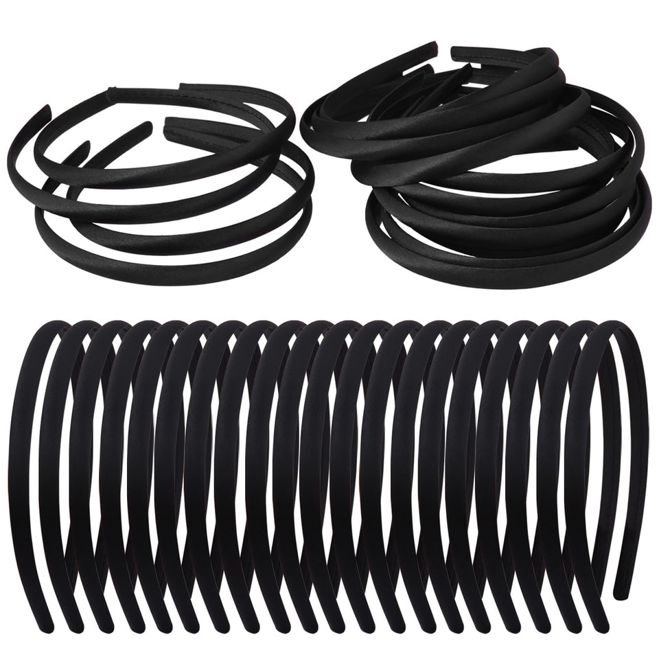 Zifengcer front view of 20 black satin headbands showing pack and neat finish benefit