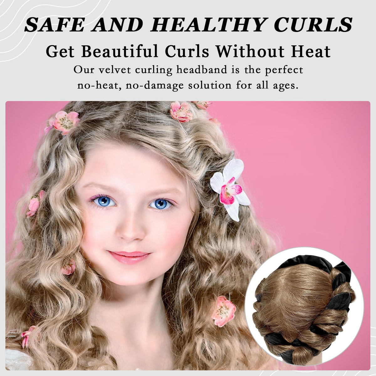 ZILAMPU curling rod wrapped in hair on a model demonstrating overnight use for heat-free waves