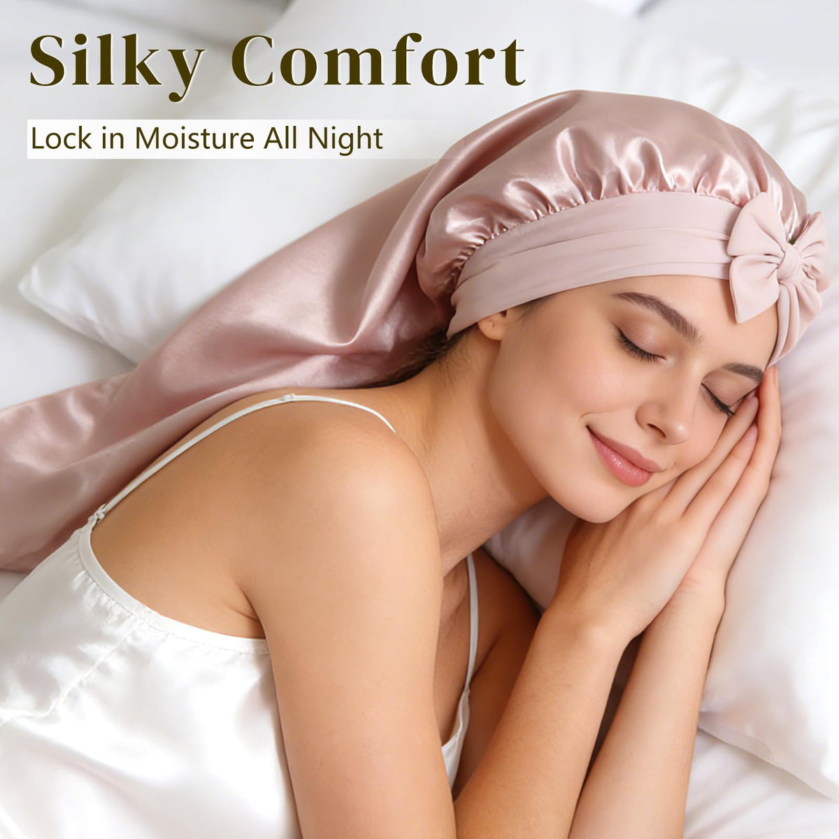 ZIMASILK bonnet worn by model with long hair demonstrating roomy fit