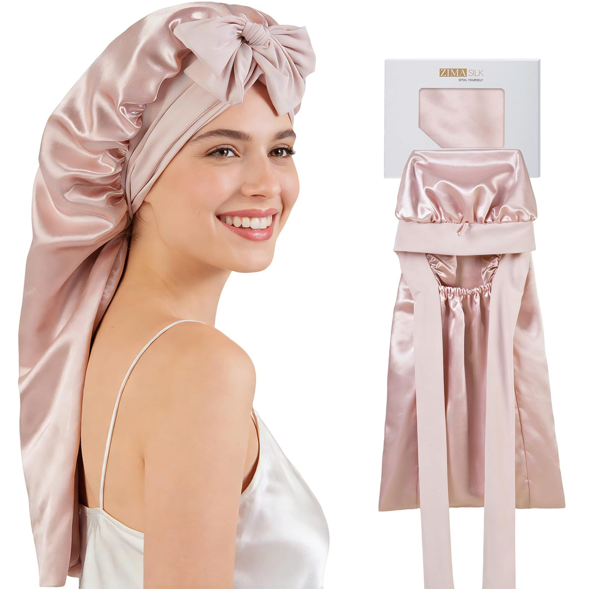 ZIMASILK front view of pink silk bonnet showing elegant fit and protection