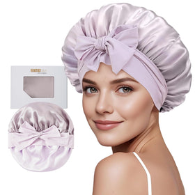 ZIMASILK front view purple bonnet showing elegant fit and protective design