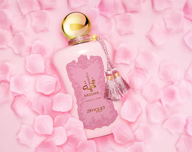 Zimaya Fatima Pink on a dressing table illustrating stylish scent for everyday wear