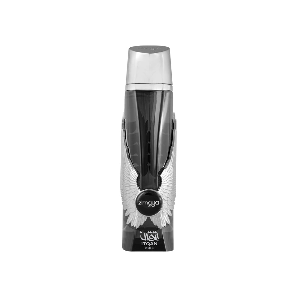 zimaya Itqan Noir front bottle shown upright, elegant gift-ready presentation