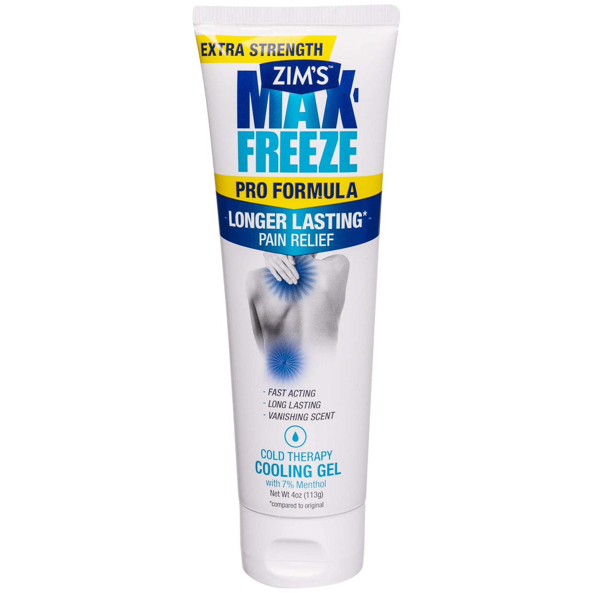 Zim's Max front tube image showing label and 4-ounce gel for cooling relief