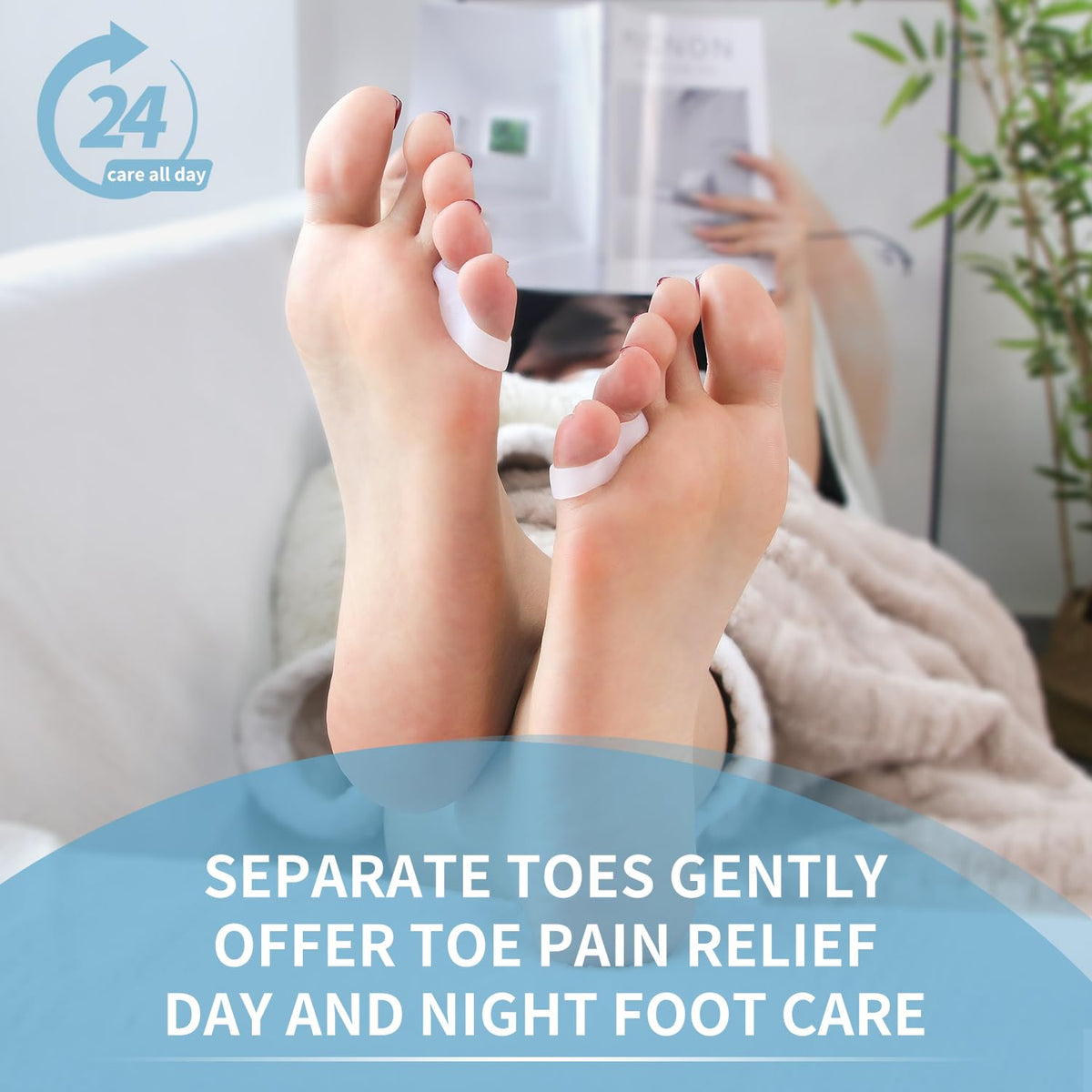 Zinyakon separator positioned between toes inside a shoe, reducing friction while walking