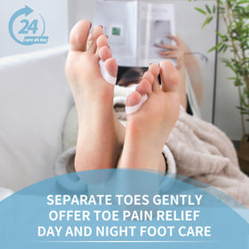 Zinyakon separator positioned between toes inside a shoe, reducing friction while walking