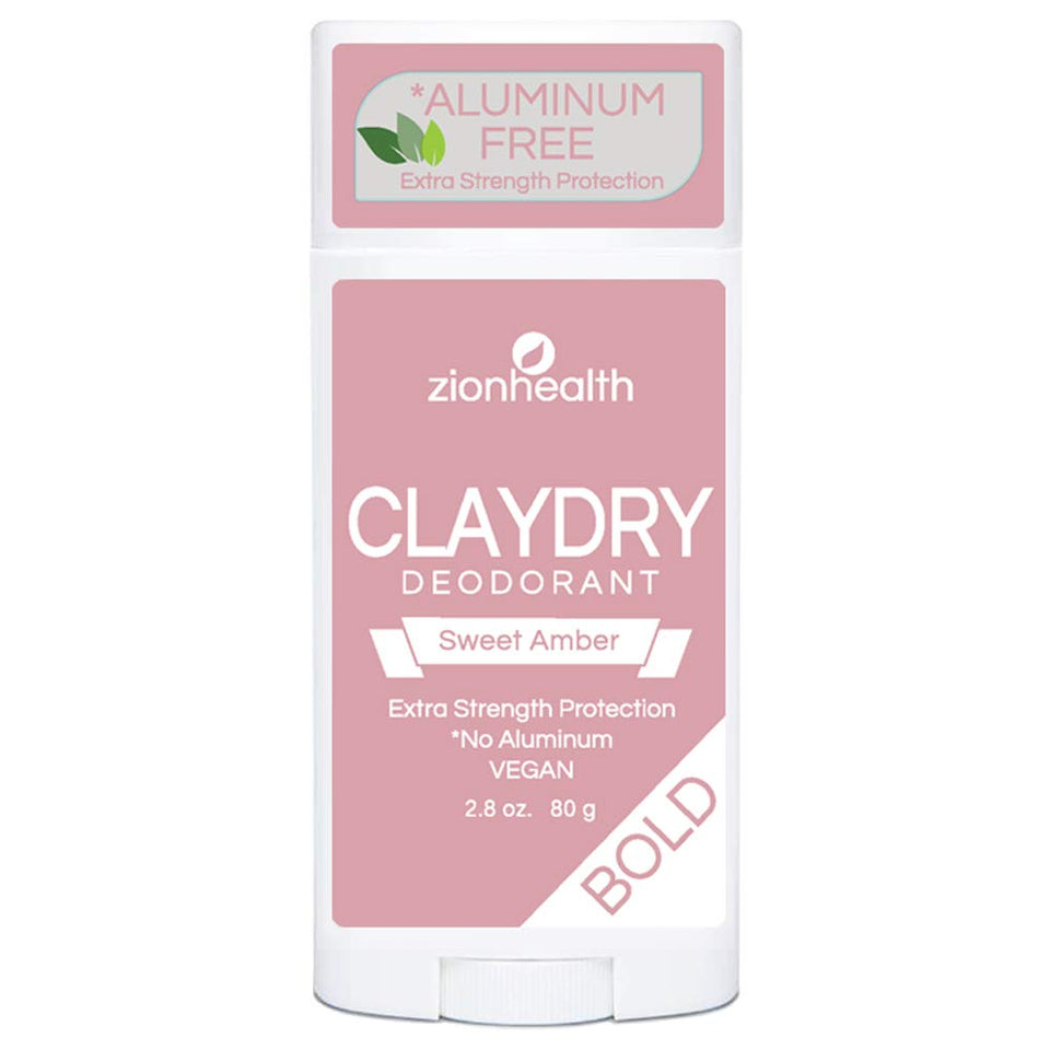 Zion Health ClayDry Sweet Amber front packaging showing stick and label, highlights natural odor control