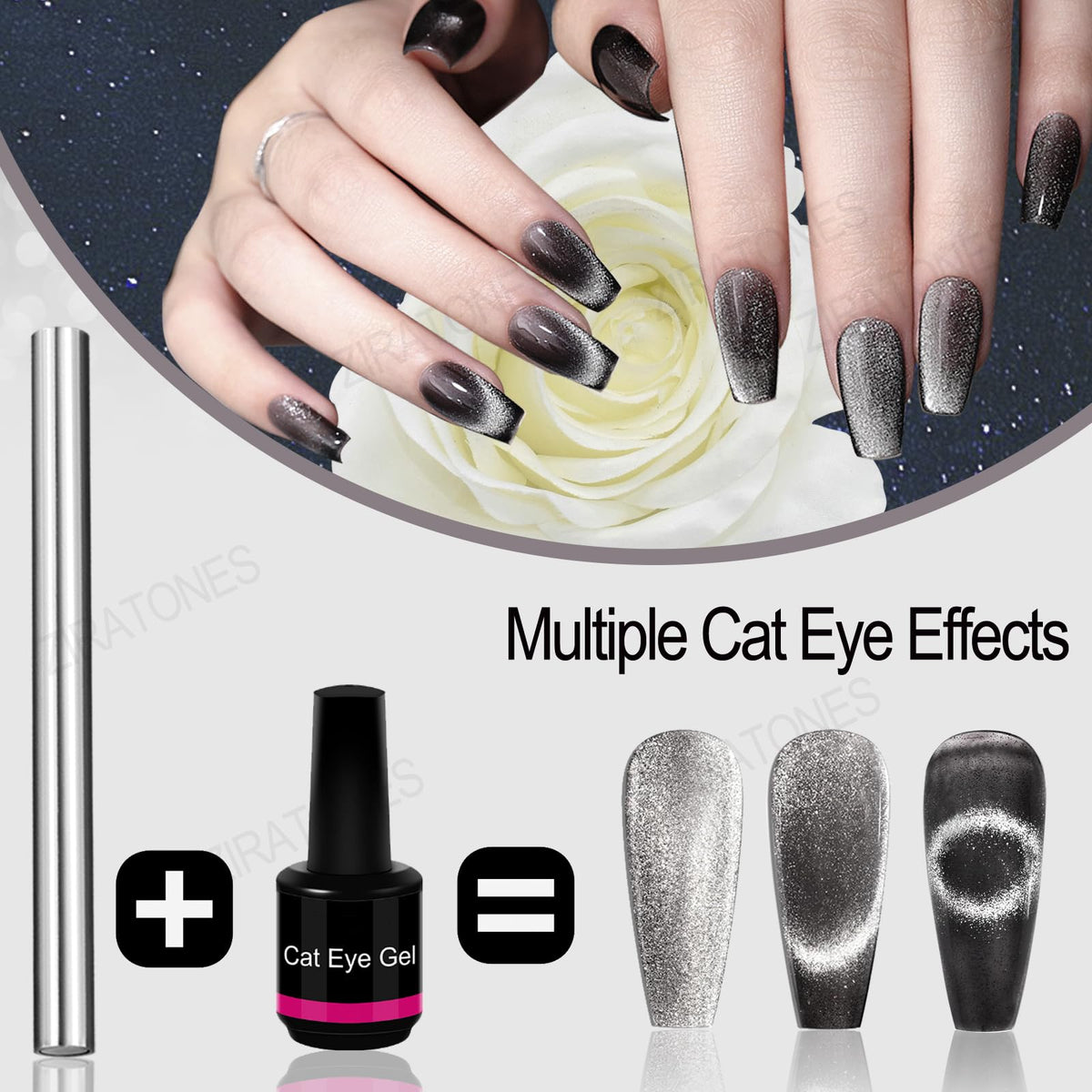 ZIRATONES magnet pen creating cat-eye lines on wet gel polish demonstrating quick use