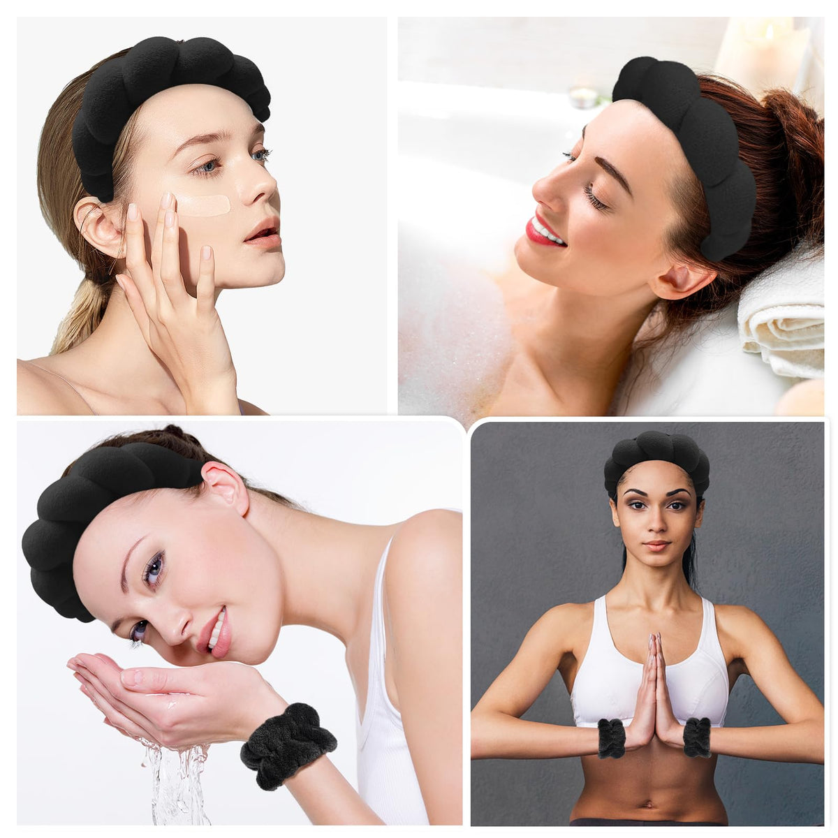 Zkptops headband in use washing face showing secure fit and hair protection benefit