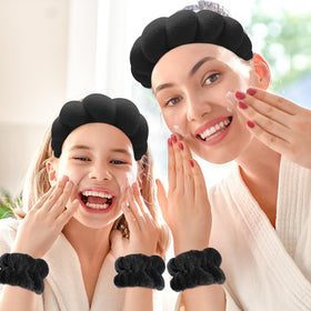 Zkptops headband and wristband staged on bathroom counter showing organized self-care