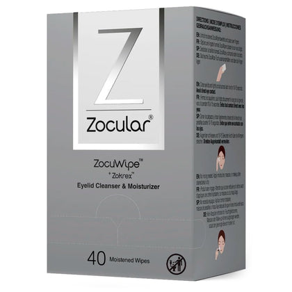 Zocular front packaging showing Zocuwipe 40-count for easy identification and quick use