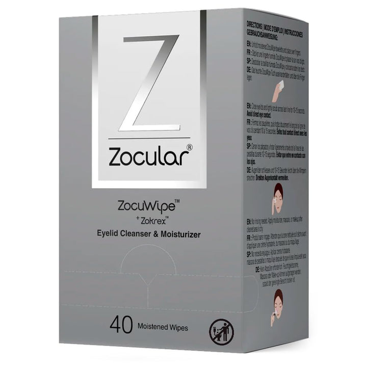 Zocular front packaging showing Zocuwipe 40-count for easy identification and quick use