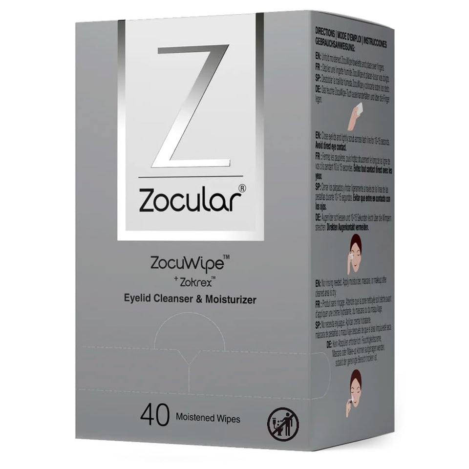 Zocular front packaging showing Zocuwipe 40-count for easy identification and quick use