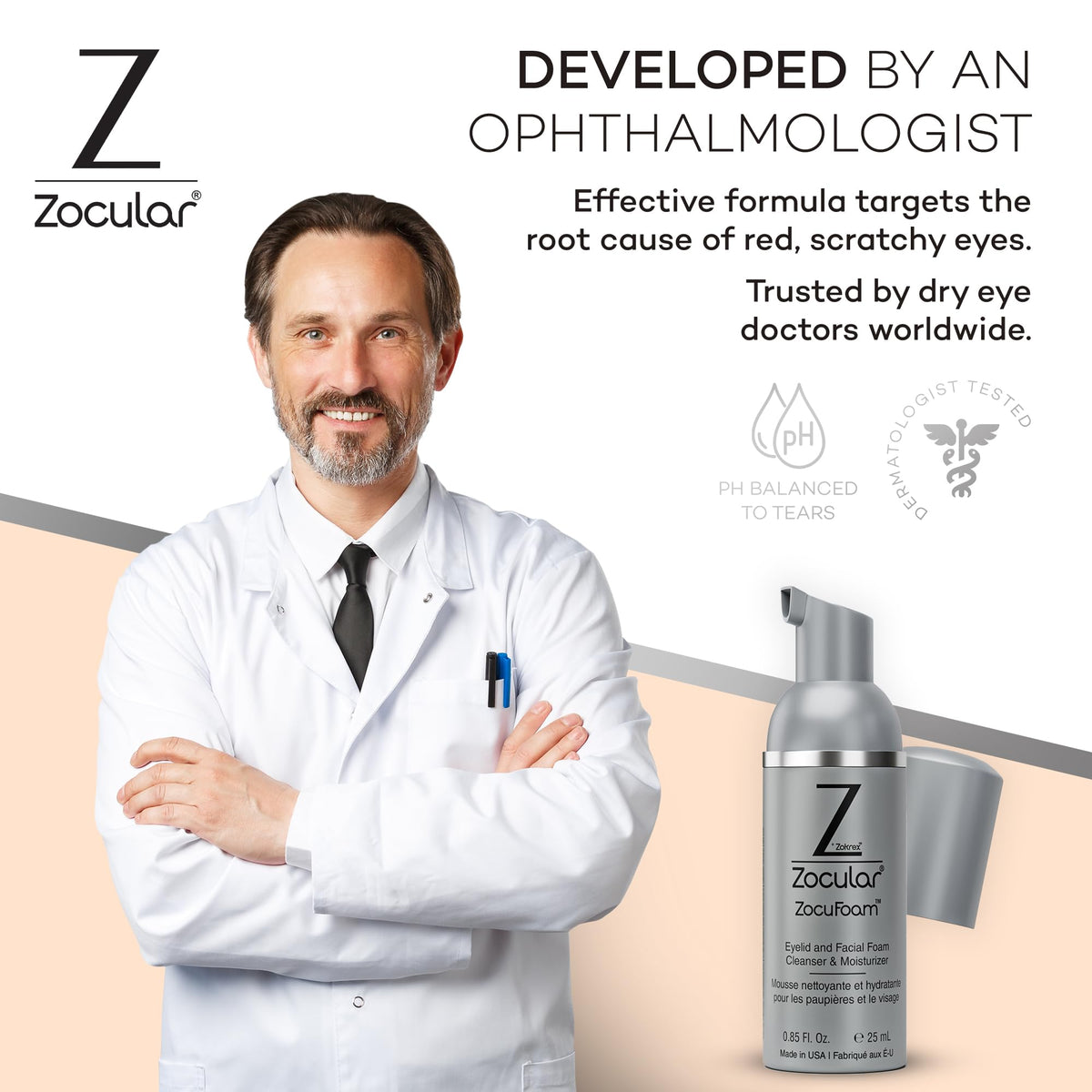 Zocular bottle on bathroom shelf in a clean lifestyle setting to suggest daily routine use
