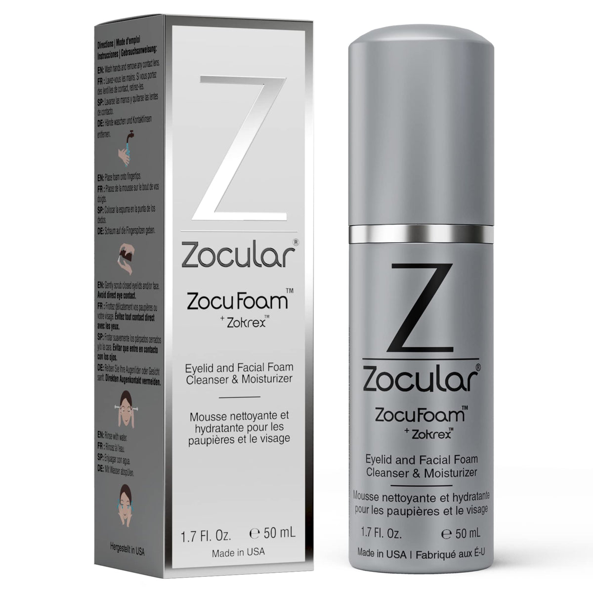 Zocular ZocuFoam front packaging showing 50 mL bottle and label, gentle cleansing benefit