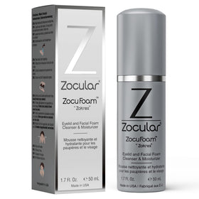 Zocular ZocuFoam front packaging showing 50 mL bottle and label, gentle cleansing benefit