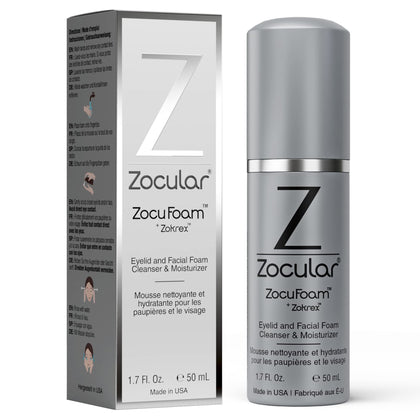 Zocular ZocuFoam front packaging showing 50 mL bottle and label, gentle cleansing benefit