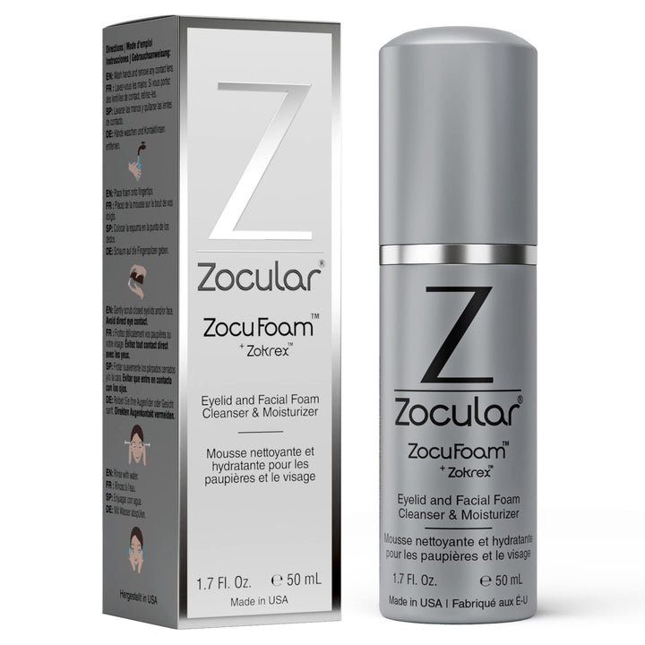 Zocular ZocuFoam front packaging showing 50 mL bottle and label, gentle cleansing benefit