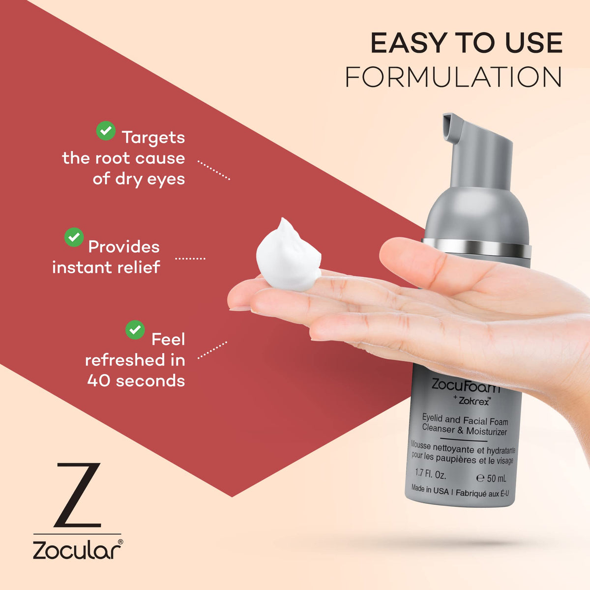 Zocular ZocuFoam being applied to closed eyelids, effective makeup removal benefit