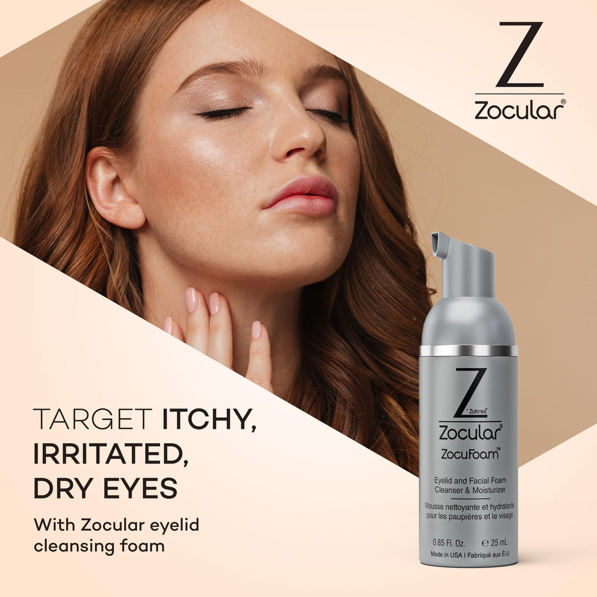 Zocular dispensing a soft white foam demonstrating easy pump application and hygienic use