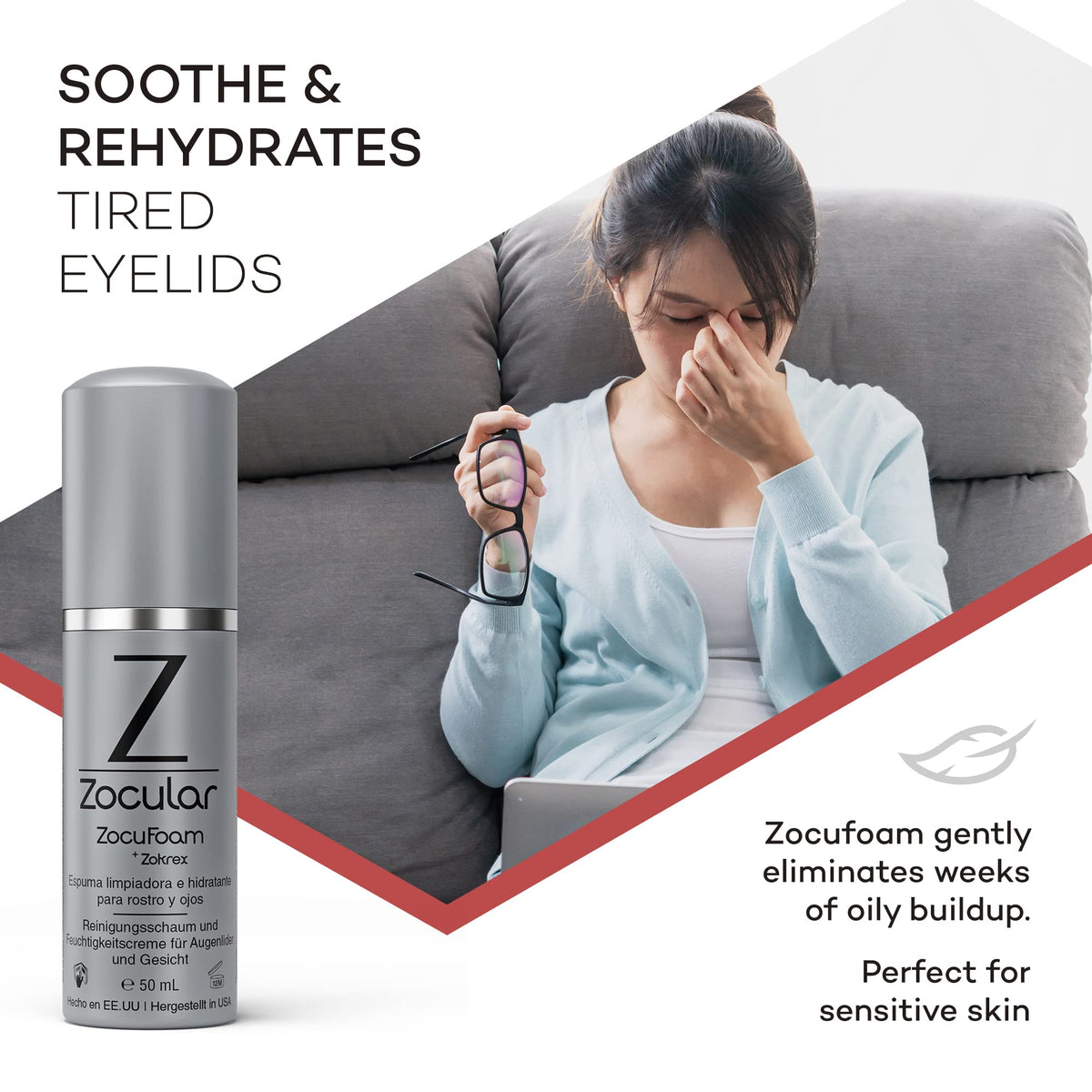 Zocular ZocuFoam next to a coin for scale showing 50 mL size, travel-friendly benefit