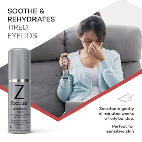 Zocular ZocuFoam next to a coin for scale showing 50 mL size, travel-friendly benefit