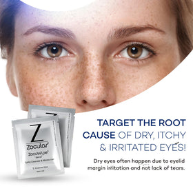Zocular single pre-moistened wipe closeup for gentle eyelid cleansing