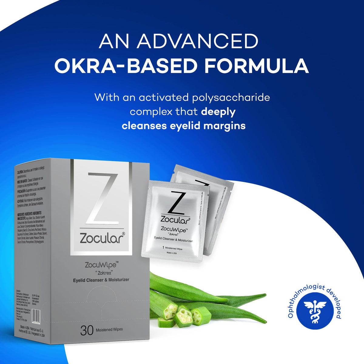 Zocular wipe texture with moisture drop illustrating hydrating Zokrex benefit