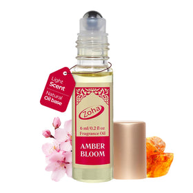 Zoha Amber Bloom front packaging showing elegant compact bottle and label benefit: travel ready