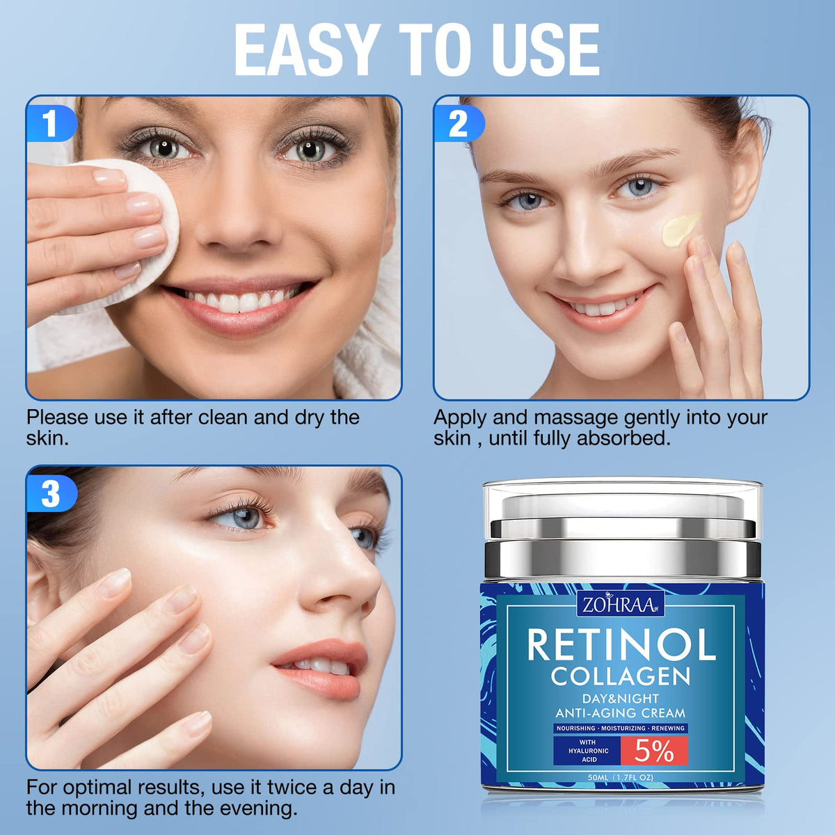 ZOHRAA ingredients label close-up showing retinol, collagen, hyaluronic acid