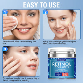ZOHRAA ingredients label close-up showing retinol, collagen, hyaluronic acid
