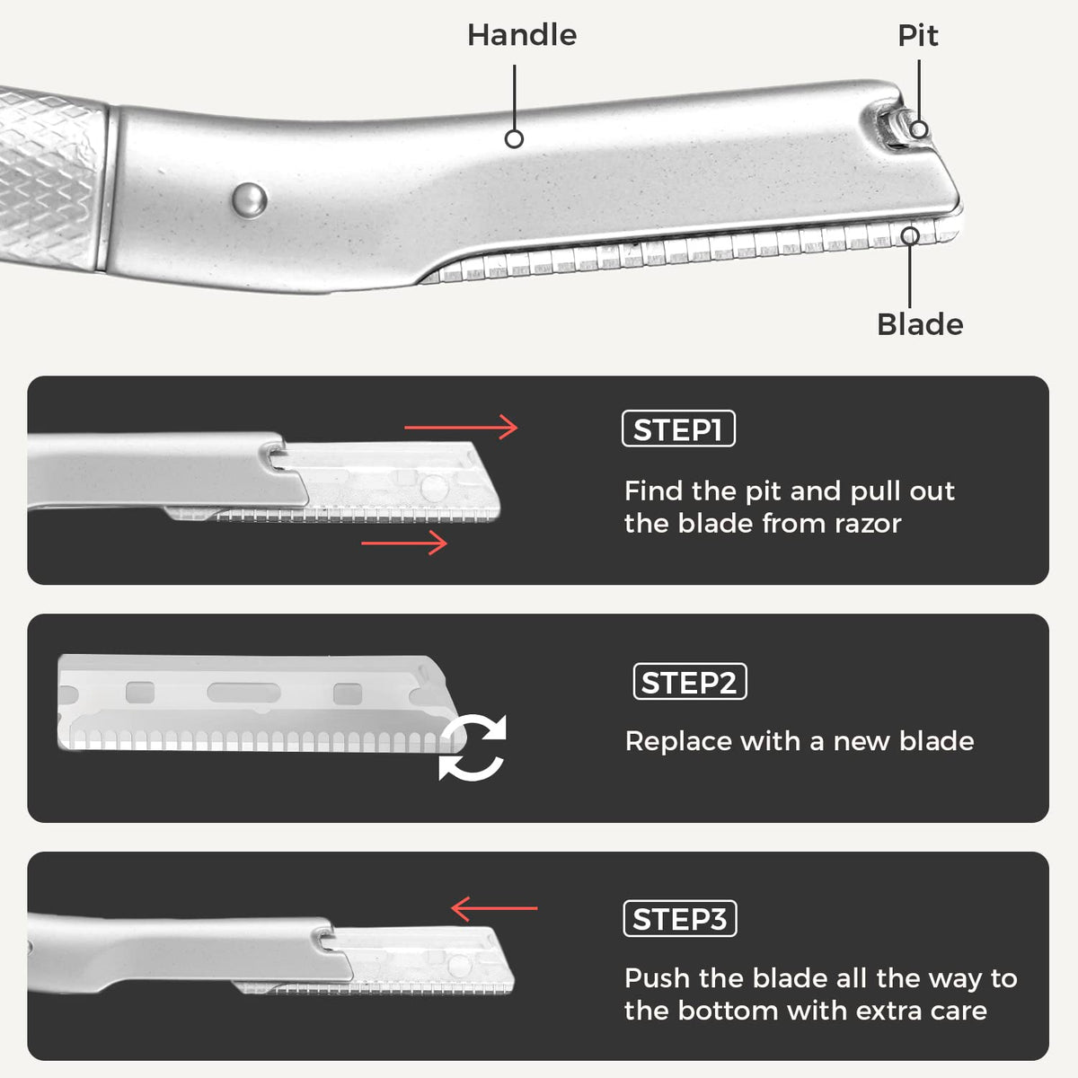 ZOMCHI blade installed in eyebrow razor demonstrating easy replacement and clean strokes
