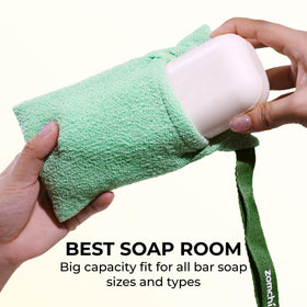 ZOMCHI rough soap pouch close-up showing coarse texture for strong exfoliation benefit