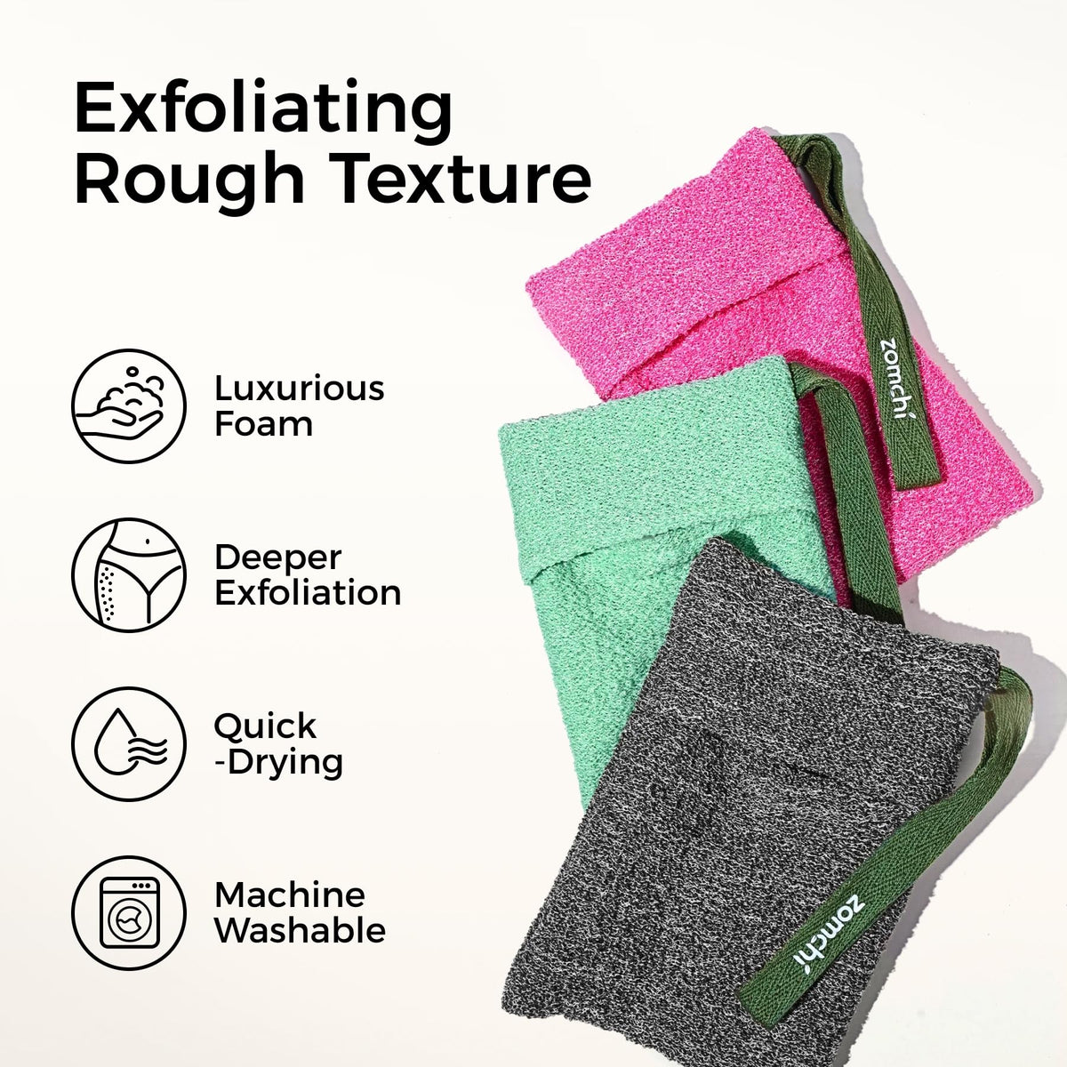 ZOMCHI close-up of coarse weave texture delivering thorough exfoliation