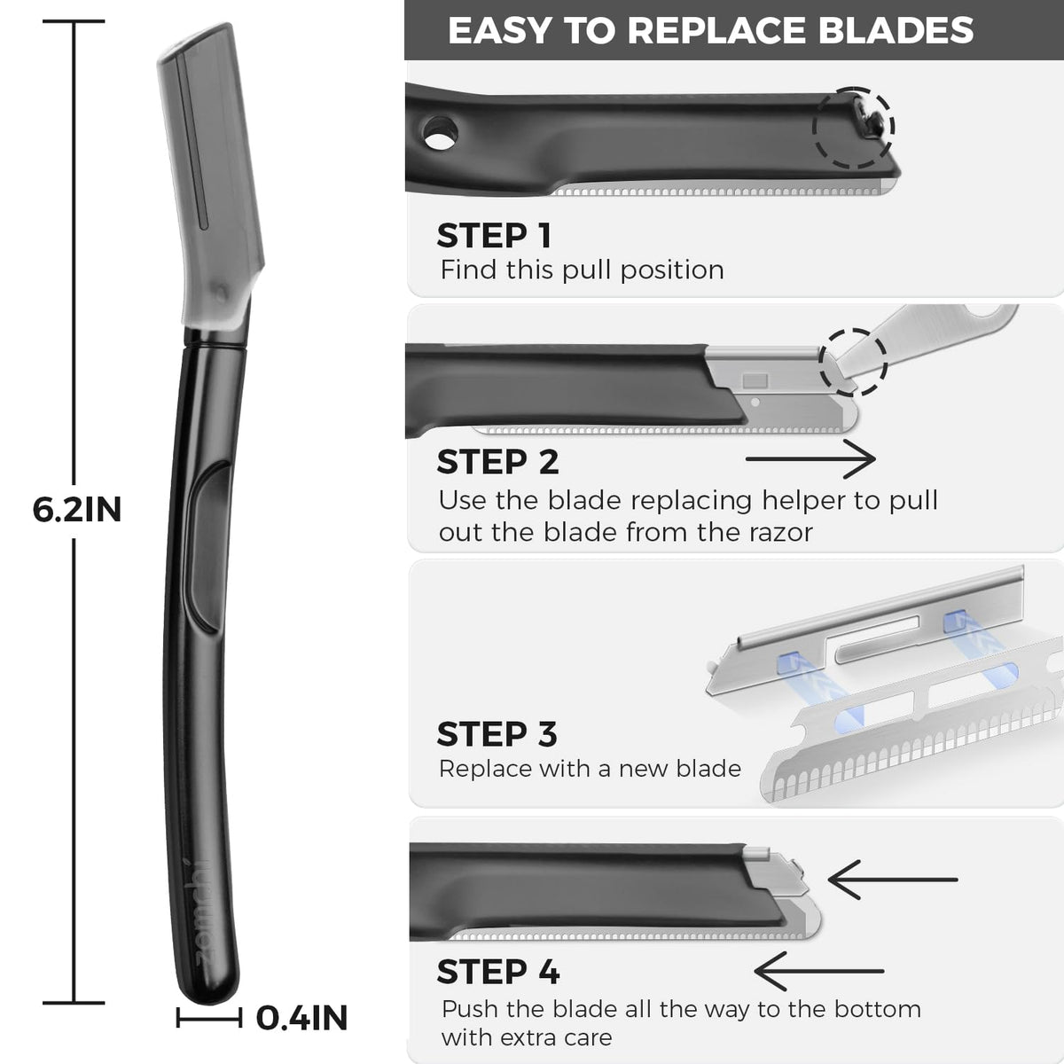 ZOMCHI dermaplane in use on upper lip demonstrating gentle hair removal benefit